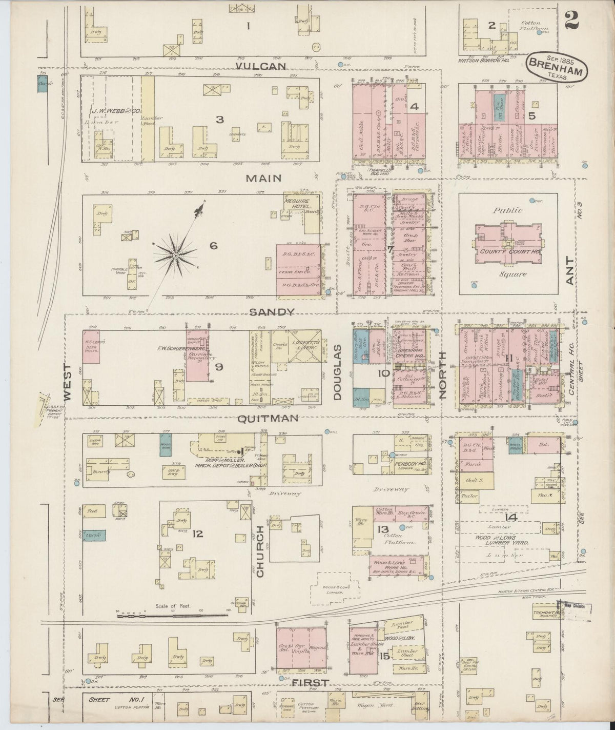 Sanborn Fire Insurance Map from Brenham, Washington County, Texas (1885), Sheet #0002 - Complete Map Set gallery image, historic Sanborn map, vintage wall art, Texas Texas