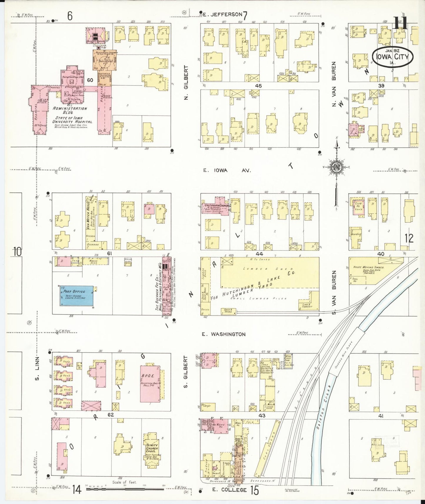 Sanborn Fire Insurance Map from Iowa City, Johnson County, Iowa (1912), Sheet #0011 - Historic Sanborn Fire Insurance Map Print, vintage old map wall art