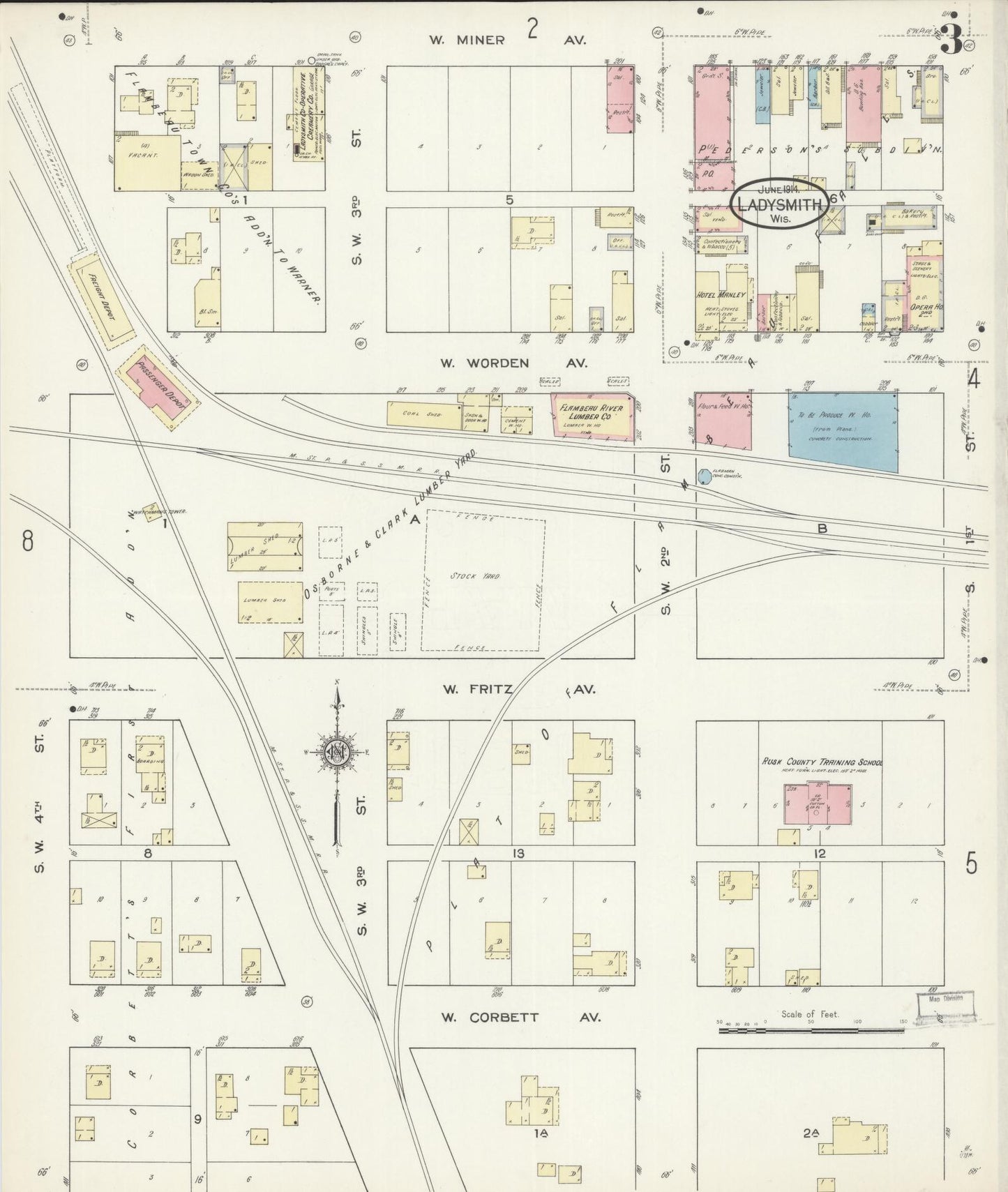 Sanborn Fire Insurance Map from Ladysmith, Rusk County, Wisconsin (1914), Sheet #0003 - Historic Sanborn Fire Insurance Map Print, vintage old map wall art, antique decor, genealogy gift, Wisconsin Wisconsin map