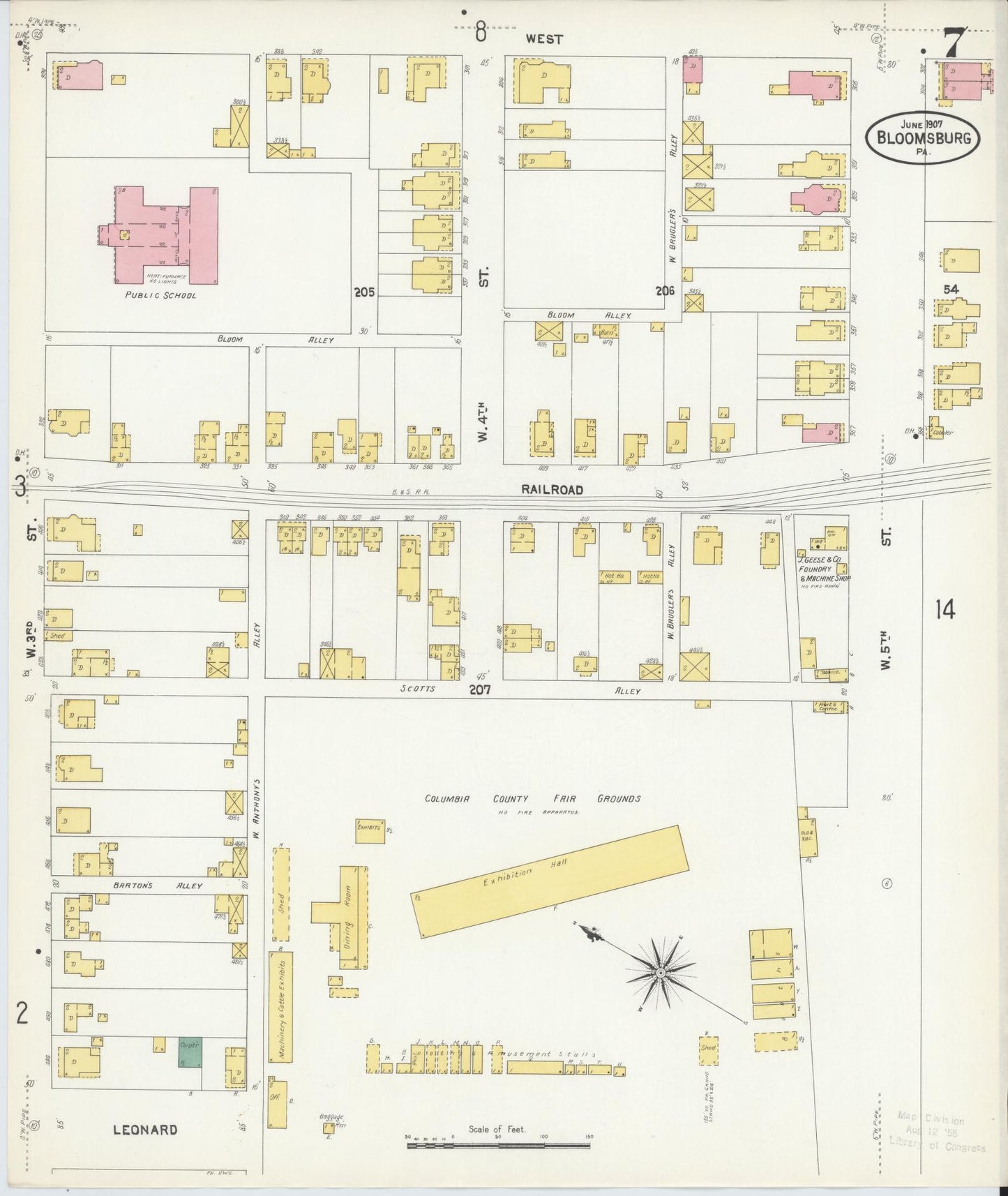 Sanborn Fire Insurance Map from Bloomsburg, Columbia County, Pennsylvania (1907), Sheet #0007 - Historic Sanborn Fire Insurance Map Print, vintage old map wall art, antique decor, genealogy gift, Pennsylvania Pennsylvania map