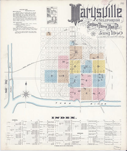 Sanborn Fire Insurance Map from Marysville, Yuba County, California (1890), Sheet #0001 - Historic Sanborn Fire Insurance Map Print, vintage old map wall art, antique decor, genealogy gift, California California map