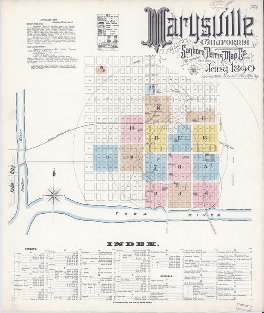Sanborn Fire Insurance Map from Marysville, Yuba County, California (1890), Sheet #0001 - Historic Sanborn Fire Insurance Map Print, vintage old map wall art, antique decor, genealogy gift, California California map