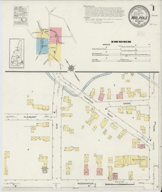 Sanborn Fire Insurance Map from Walpole, Cheshire County, New Hampshire (1915), Sheet #0001 - Historic Sanborn Fire Insurance Map Print, vintage old map wall art, antique decor, genealogy gift, New Hampshire New Hampshire map