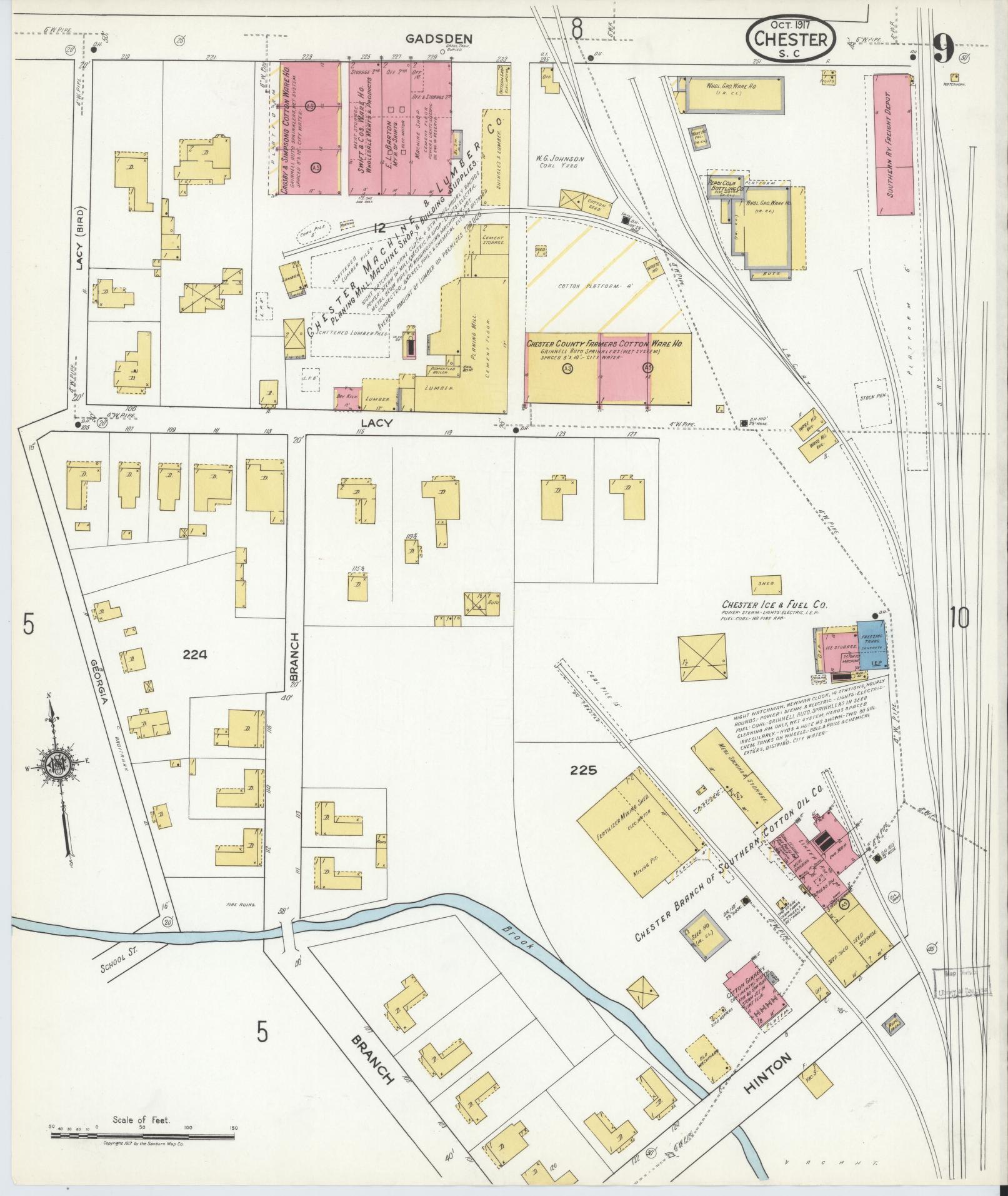 Sanborn Fire Insurance Map from Chester, Chester County, South Carolina (1917), Sheet #0009 - Historic Sanborn Fire Insurance Map Print, vintage old map wall art, antique decor, genealogy gift, South Carolina South Carolina map