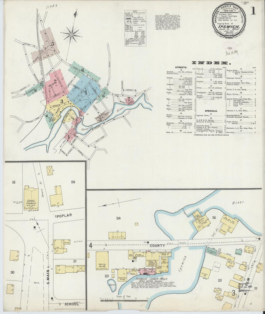 Sanborn Fire Insurance Map from Ipswich, Essex County, Massachusetts (1897), Sheet #0001 - Historic Sanborn Fire Insurance Map Print, vintage old map wall art, antique decor, genealogy gift, Massachusetts Massachusetts map