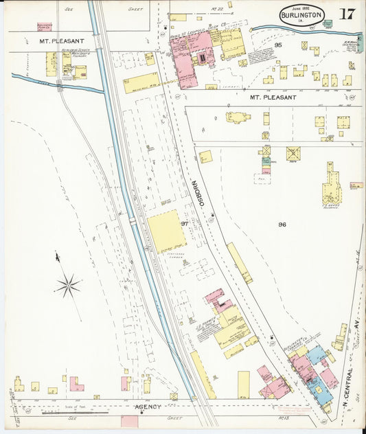 Sanborn Fire Insurance Map from Burlington, Des Moines County, Iowa (1892), Sheet #0017 - Historic Sanborn Fire Insurance Map Print, vintage old map wall art