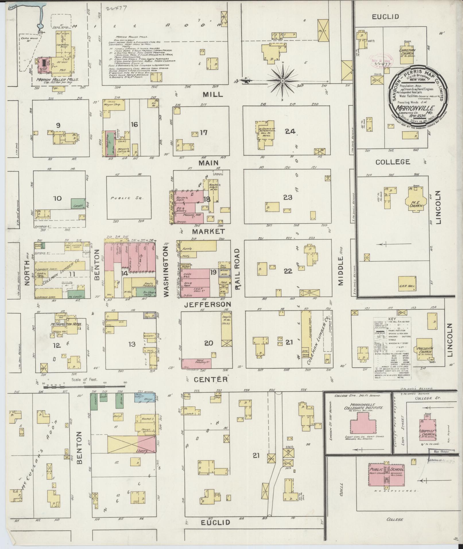 Sanborn Fire Insurance Map from Marionville, Lawrence County, Missouri (1894), Sheet #0001 - Historic Sanborn Fire Insurance Map Print, vintage old map wall art, antique decor, genealogy gift, Missouri Missouri map