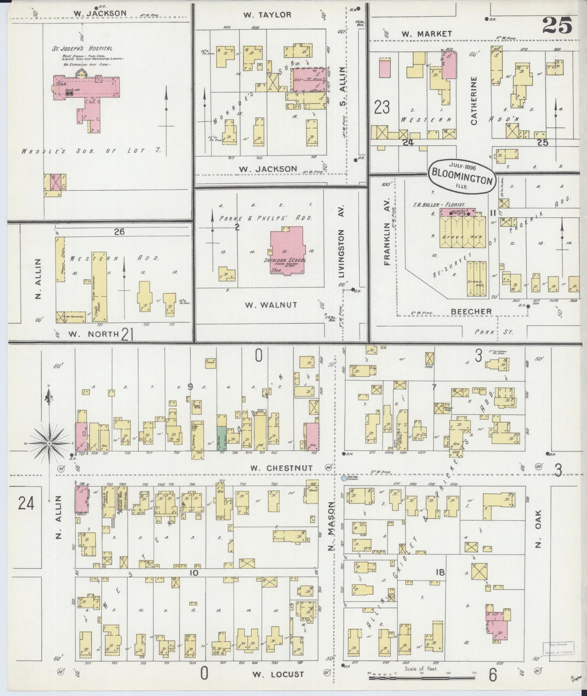 Sanborn Fire Insurance Map from Bloomington, McLean County, Illinois (1896), Sheet #0025 - Complete Map Set gallery image, historic Sanborn map, vintage wall art, Illinois Illinois