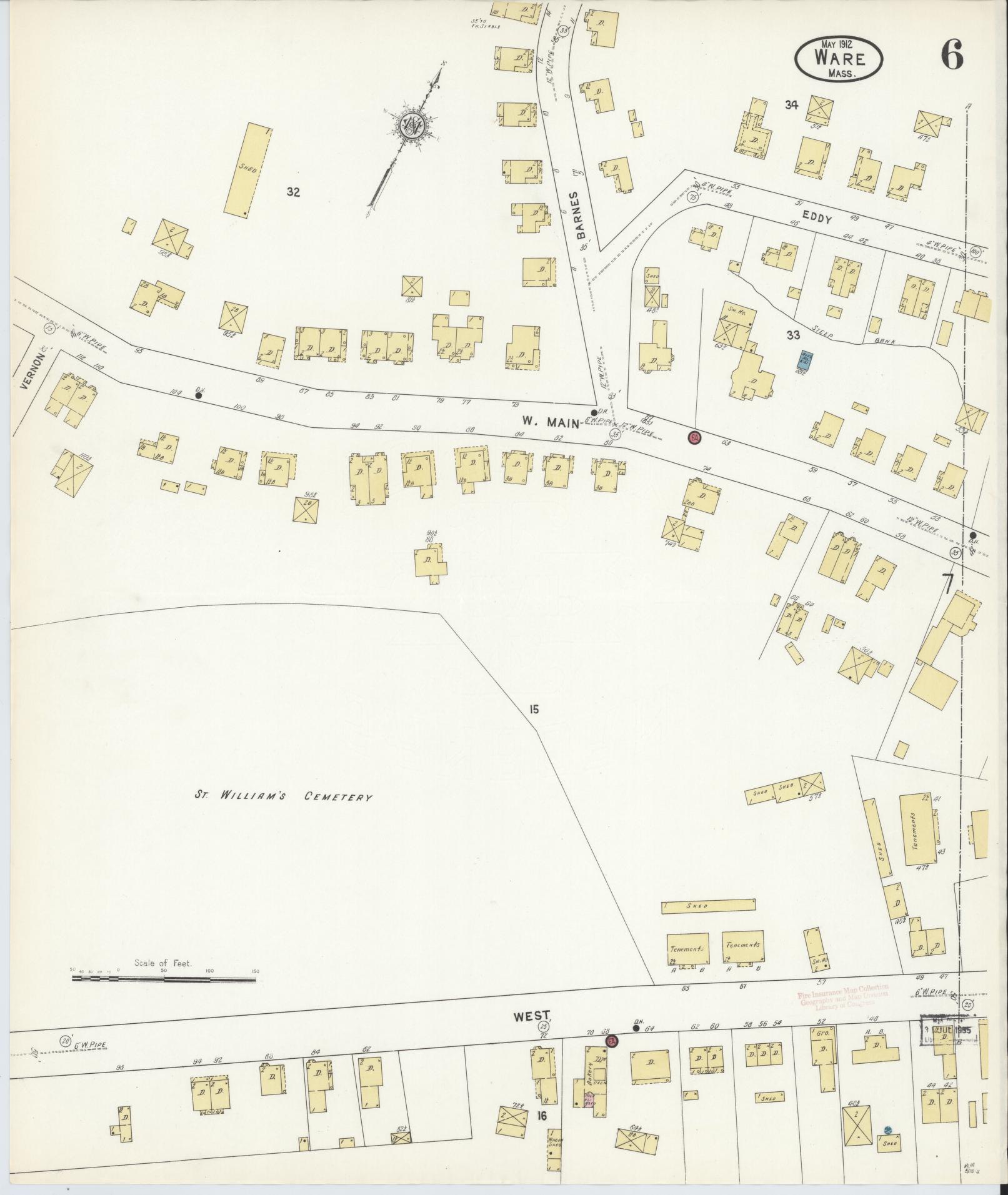 Sanborn Fire Insurance Map from Ware, Hampshire County, Massachusetts (1912), Sheet #0006 - Historic Sanborn Fire Insurance Map Print, vintage old map wall art, antique decor, genealogy gift, Massachusetts Massachusetts map