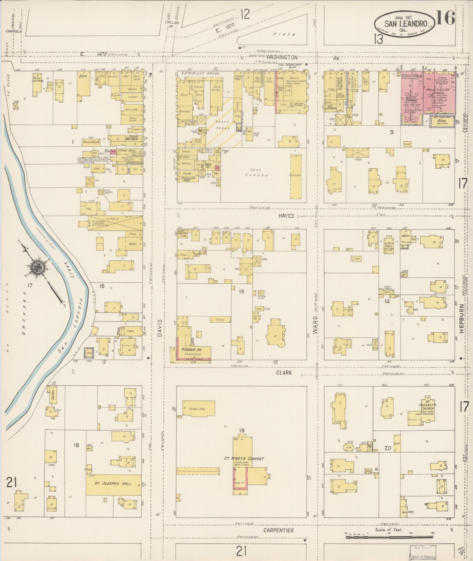Sanborn Fire Insurance Map from San Leandro, Alameda County, California (1917), Sheet #0016 - Complete Map Set gallery image, historic Sanborn map, vintage wall art, California California