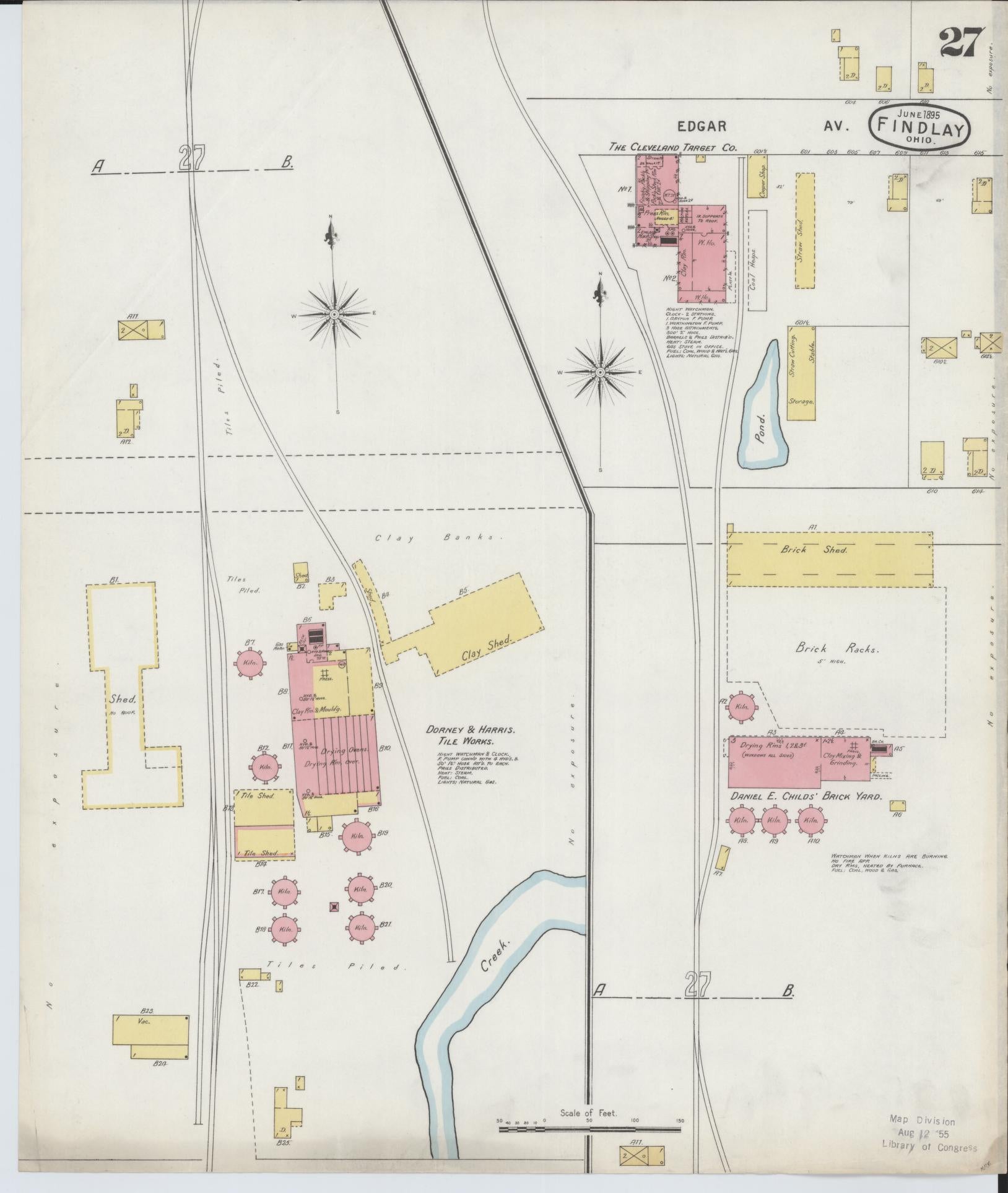 Sanborn Fire Insurance Map from Findlay, Hancock County, Ohio (1895), Sheet #0027 - Historic Sanborn Fire Insurance Map Print, vintage old map wall art, antique decor, genealogy gift, Ohio Ohio map