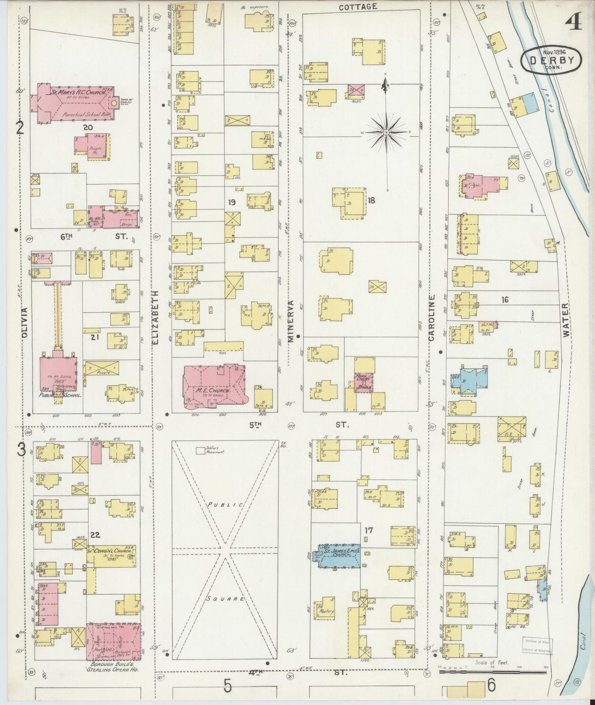 Sanborn Fire Insurance Map from Derby, New Haven County, Connecticut (1896), Sheet #0004 - Complete Map Set gallery image, historic Sanborn map, vintage wall art, Connecticut Connecticut