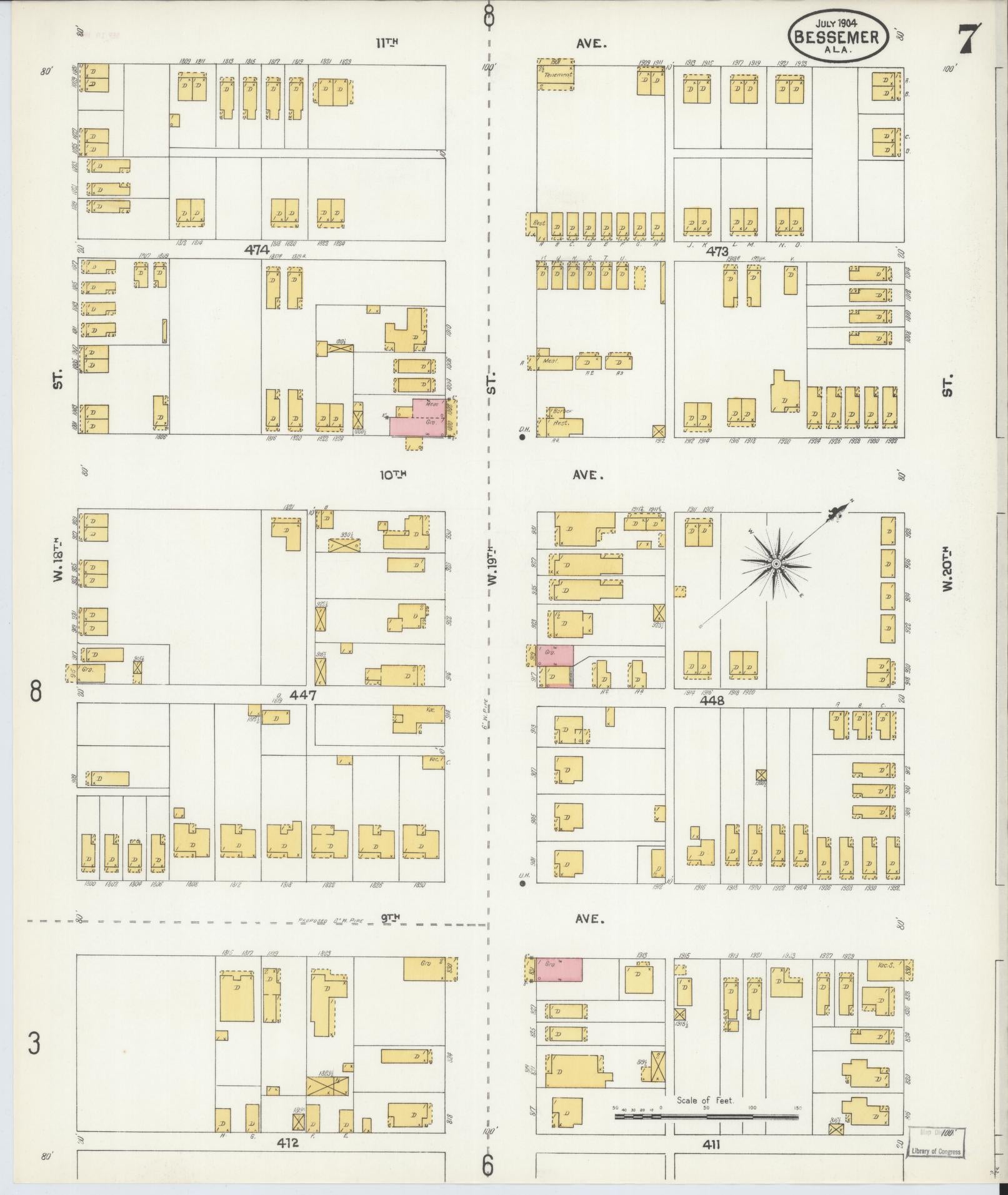 Sanborn Fire Insurance Map from Bessemer, Jefferson County, Alabama (1904), Sheet #0007 - Historic Sanborn Fire Insurance Map Print, vintage old map wall art, antique decor, genealogy gift, Alabama Alabama map