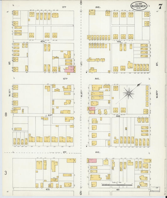 Sanborn Fire Insurance Map from Bessemer, Jefferson County, Alabama (1904), Sheet #0007 - Historic Sanborn Fire Insurance Map Print, vintage old map wall art, antique decor, genealogy gift, Alabama Alabama map