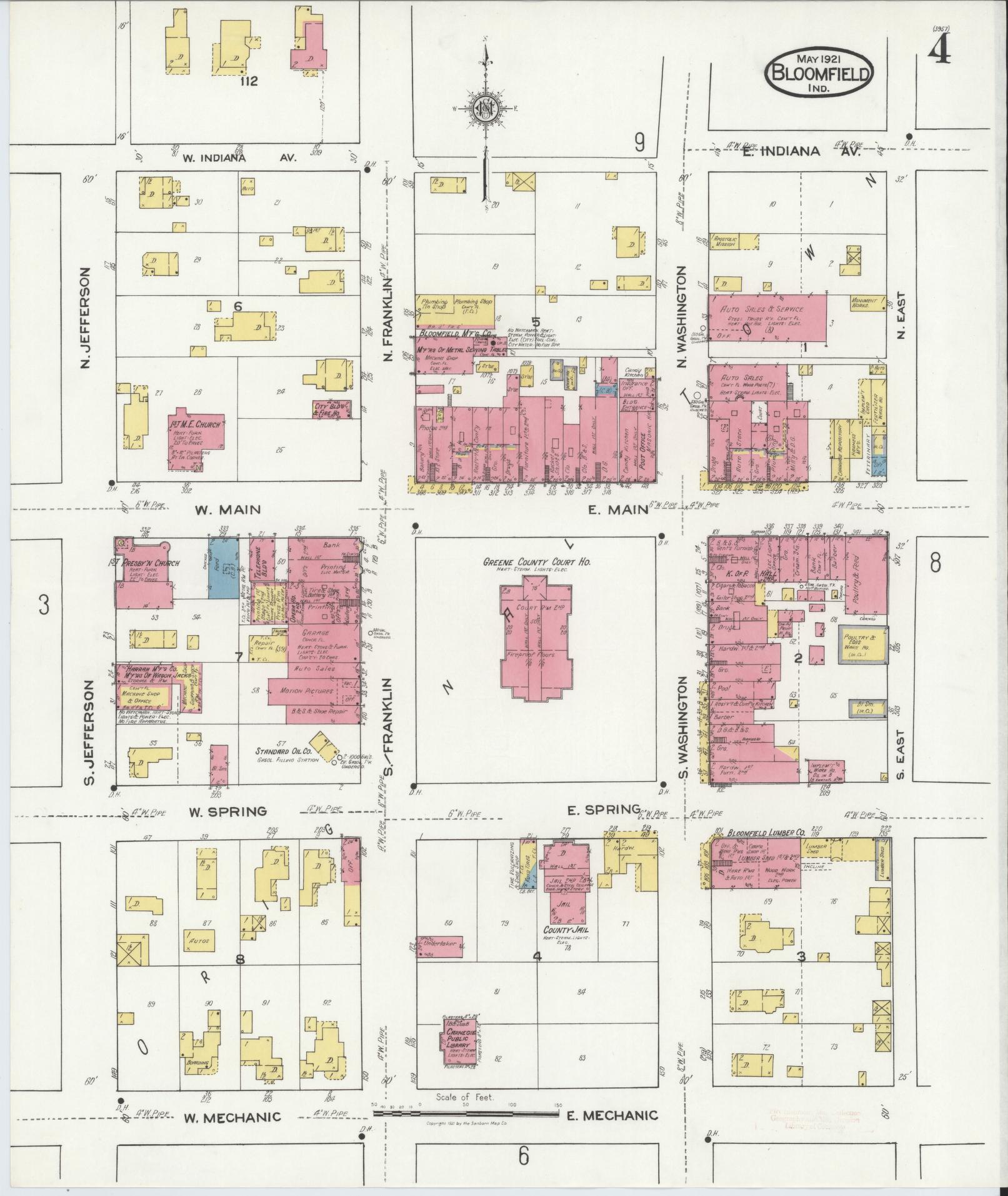 Sanborn Fire Insurance Map from Bloomfield, Greene County, Indiana (1921), Sheet #0004 - Complete Map Set gallery image, historic Sanborn map, vintage wall art, Indiana Indiana