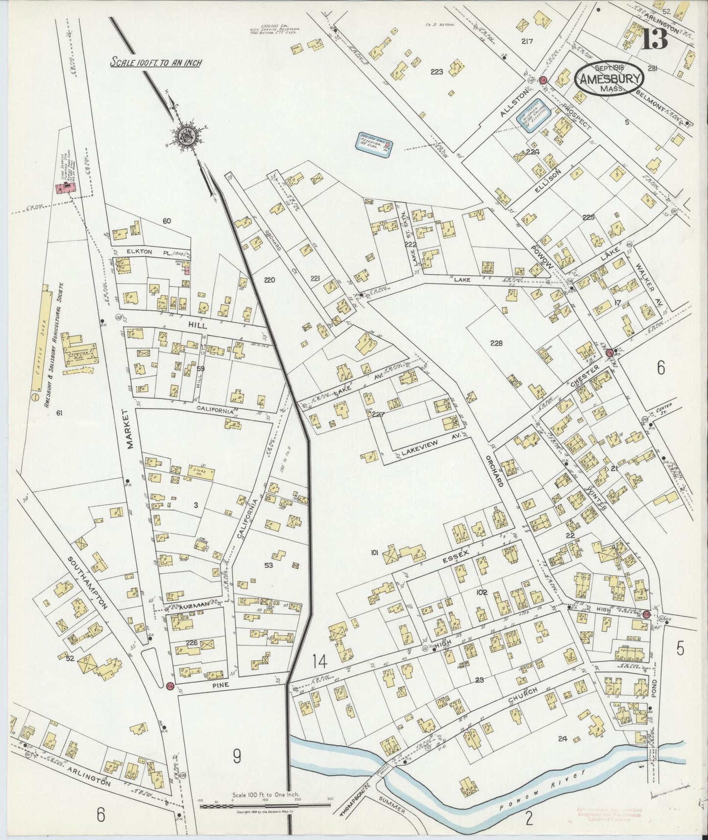 Sanborn Fire Insurance Map from Amesbury, Essex County, Massachusetts (1918), Sheet #0013 - Historic Sanborn Fire Insurance Map Print, vintage old map wall art, antique decor, genealogy gift, Massachusetts Massachusetts map