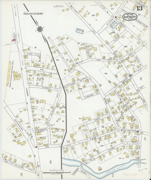 Sanborn Fire Insurance Map from Amesbury, Essex County, Massachusetts (1918), Sheet #0013 - Historic Sanborn Fire Insurance Map Print, vintage old map wall art, antique decor, genealogy gift, Massachusetts Massachusetts map