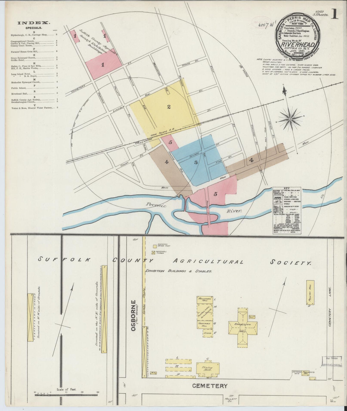 Sanborn Fire Insurance Map from Riverhead, Suffolk County, New York (1891), Sheet #0001 - Historic Sanborn Fire Insurance Map Print, vintage old map wall art, antique decor, genealogy gift, New York New York map