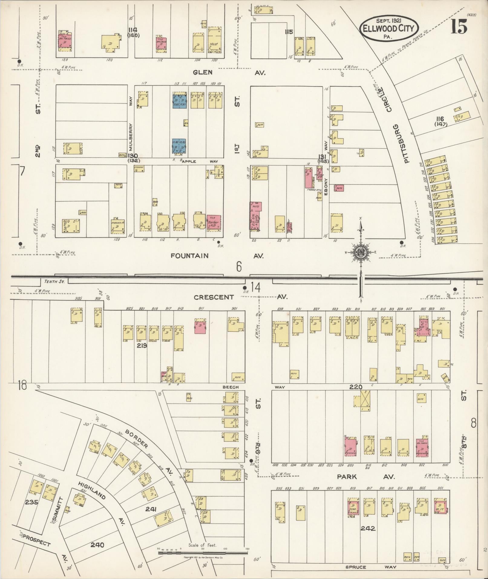 Sanborn Fire Insurance Map from Ellwood City, Lawrence County, Pennsylvania (1921), Sheet #0015 - Historic Sanborn Fire Insurance Map Print, vintage old map wall art, antique decor, genealogy gift, Pennsylvania Pennsylvania map