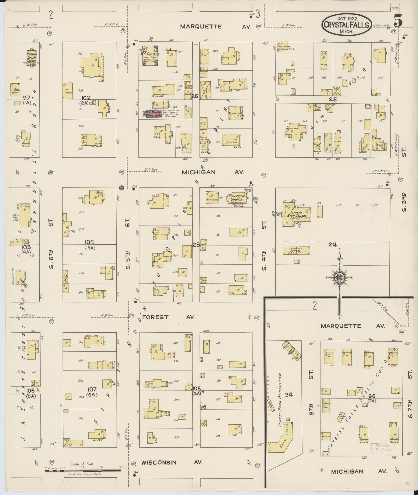 Sanborn Fire Insurance Map from Crystal Falls, Iron County, Michigan (1922), Sheet #0005 - Historic Sanborn Fire Insurance Map Print, vintage old map wall art, antique decor, genealogy gift, Michigan Michigan map
