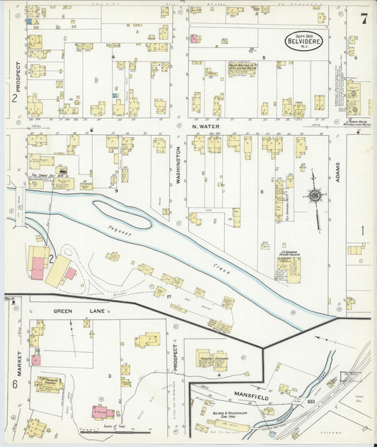 Sanborn Fire Insurance Map from Belvidere, Warren County, New Jersey (1909), Sheet #0007 - Historic Sanborn Fire Insurance Map Print, vintage old map wall art, antique decor, genealogy gift, New Jersey New Jersey map