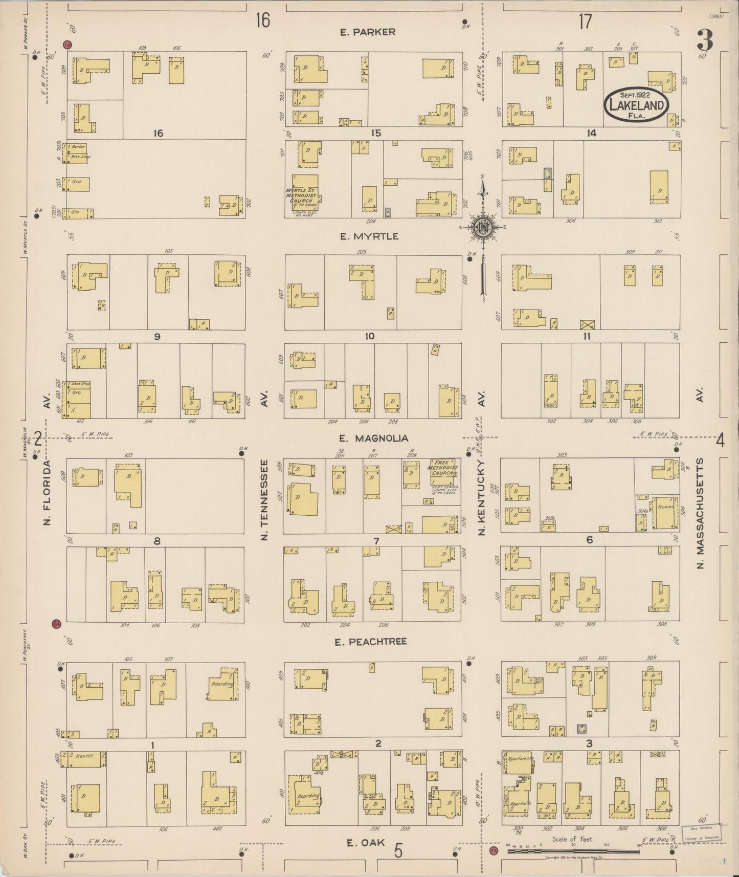 Sanborn Fire Insurance Map from Lakeland, Polk County, Florida (1922), Sheet #0003 - Historic Sanborn Fire Insurance Map Print, vintage old map wall art, antique decor, genealogy gift, Florida Florida map