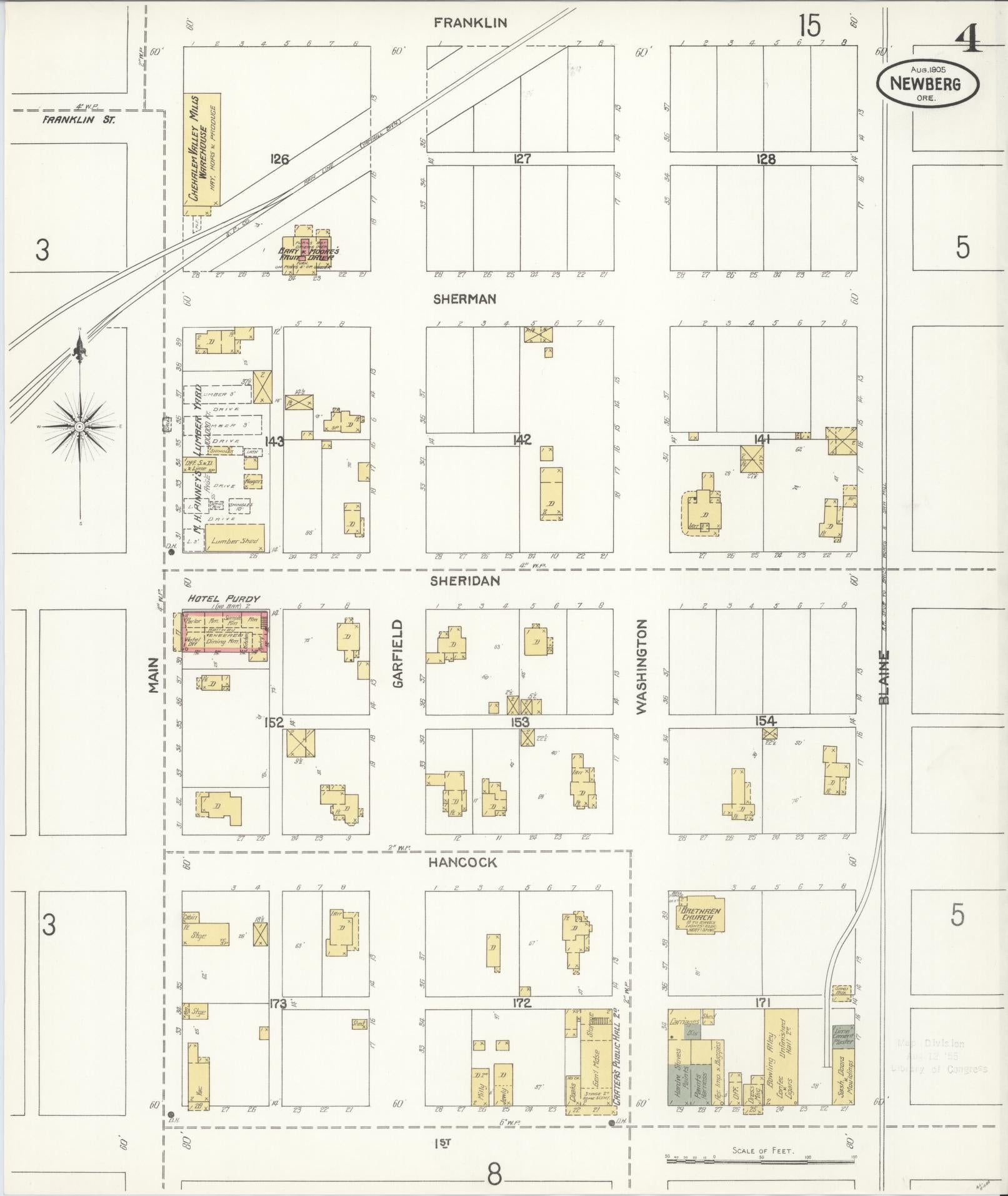 Sanborn Fire Insurance Map from Newberg, Yamhill County, Oregon (1905), Sheet #0004 - Historic Sanborn Fire Insurance Map Print, vintage old map wall art, antique decor, genealogy gift, Oregon Oregon map