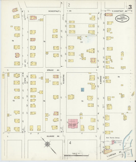 Sanborn Fire Insurance Map from Grove City, Mercer County, Pennsylvania (1912), Sheet #0003 - Historic Sanborn Fire Insurance Map Print, vintage old map wall art, antique decor, genealogy gift, Pennsylvania Pennsylvania map