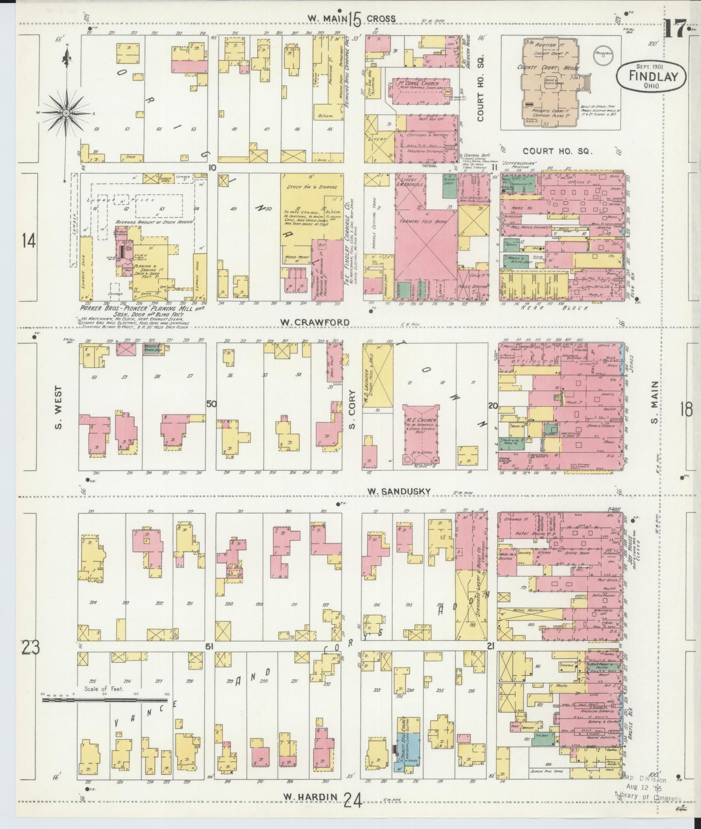 Sanborn Fire Insurance Map from Findlay, Hancock County, Ohio (1901), Sheet #0017 - Historic Sanborn Fire Insurance Map Print, vintage old map wall art, antique decor, genealogy gift, Ohio Ohio map