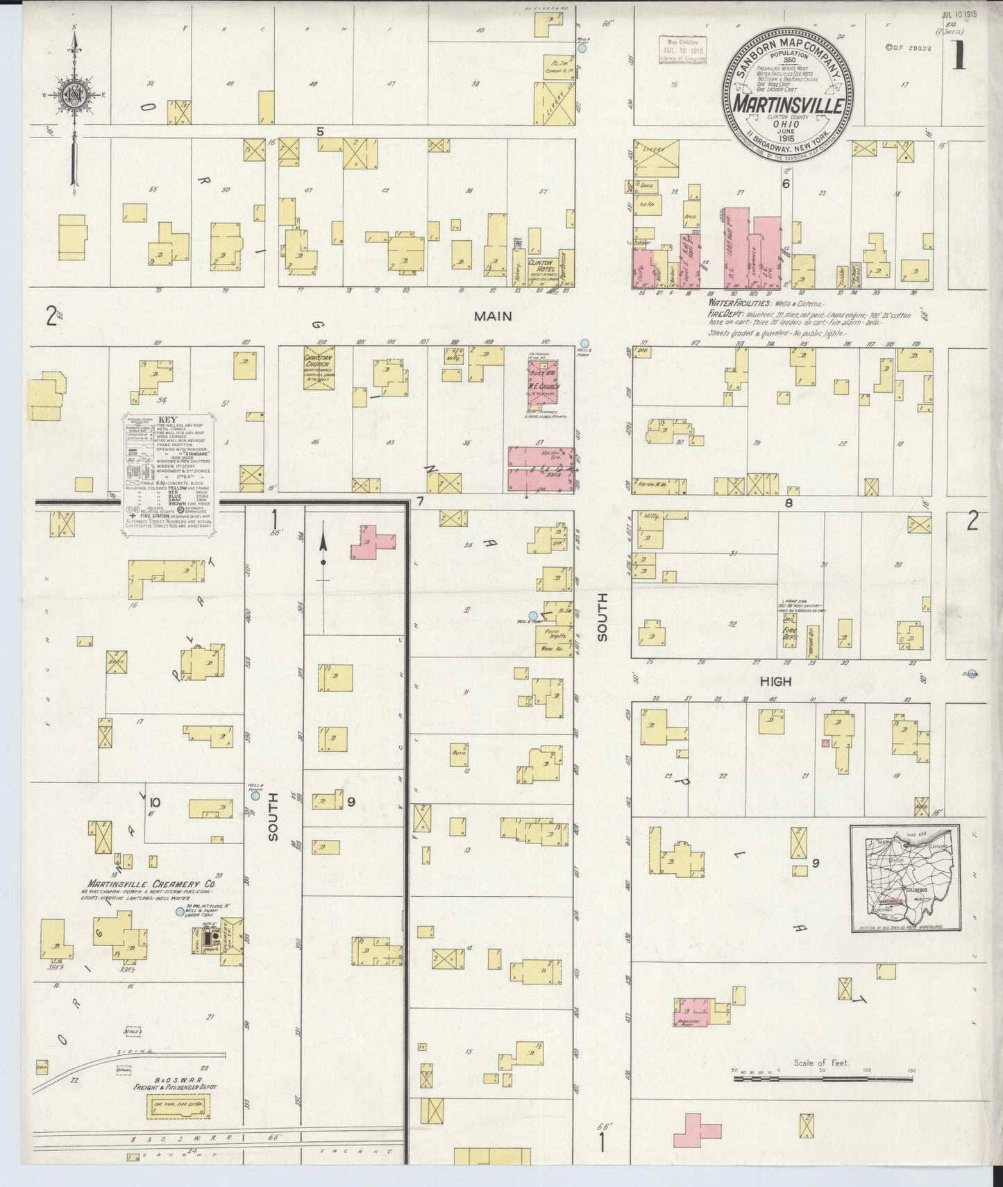 Sanborn Fire Insurance Map from Martinsville, Clinton County, Ohio (1915), Sheet #0001 - Historic Sanborn Fire Insurance Map Print, vintage old map wall art, antique decor, genealogy gift, Ohio Ohio map