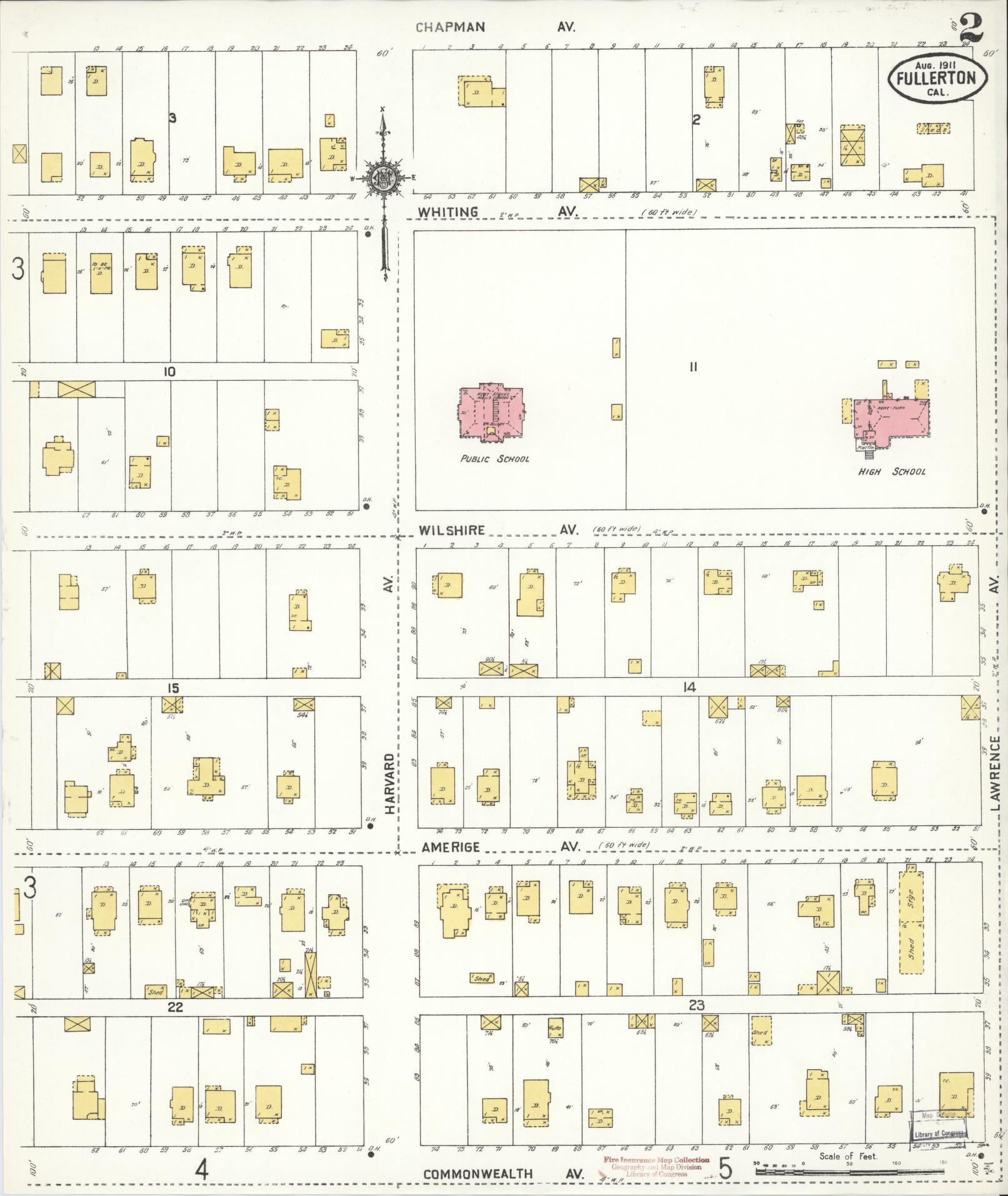 Sanborn Fire Insurance Map from Fullerton, Orange County, California (1911), Sheet #0002 - Historic Sanborn Fire Insurance Map Print, vintage old map wall art, antique decor, genealogy gift, California California map