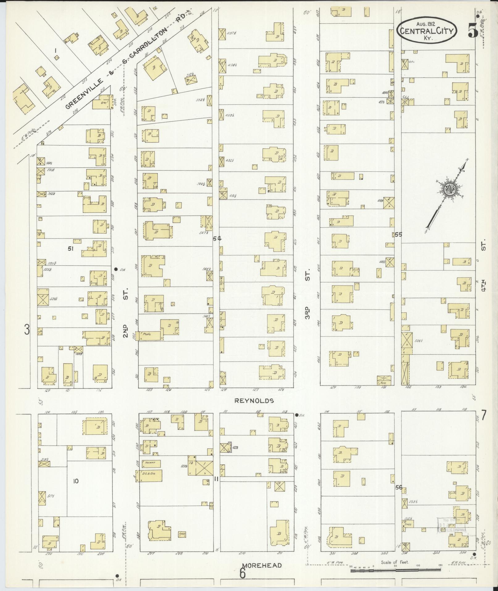 Sanborn Fire Insurance Map from Central City, Mublenberg County, Kentucky (1912), Sheet #0005 - Complete Map Set gallery image, historic Sanborn map, vintage wall art, Kentucky Kentucky
