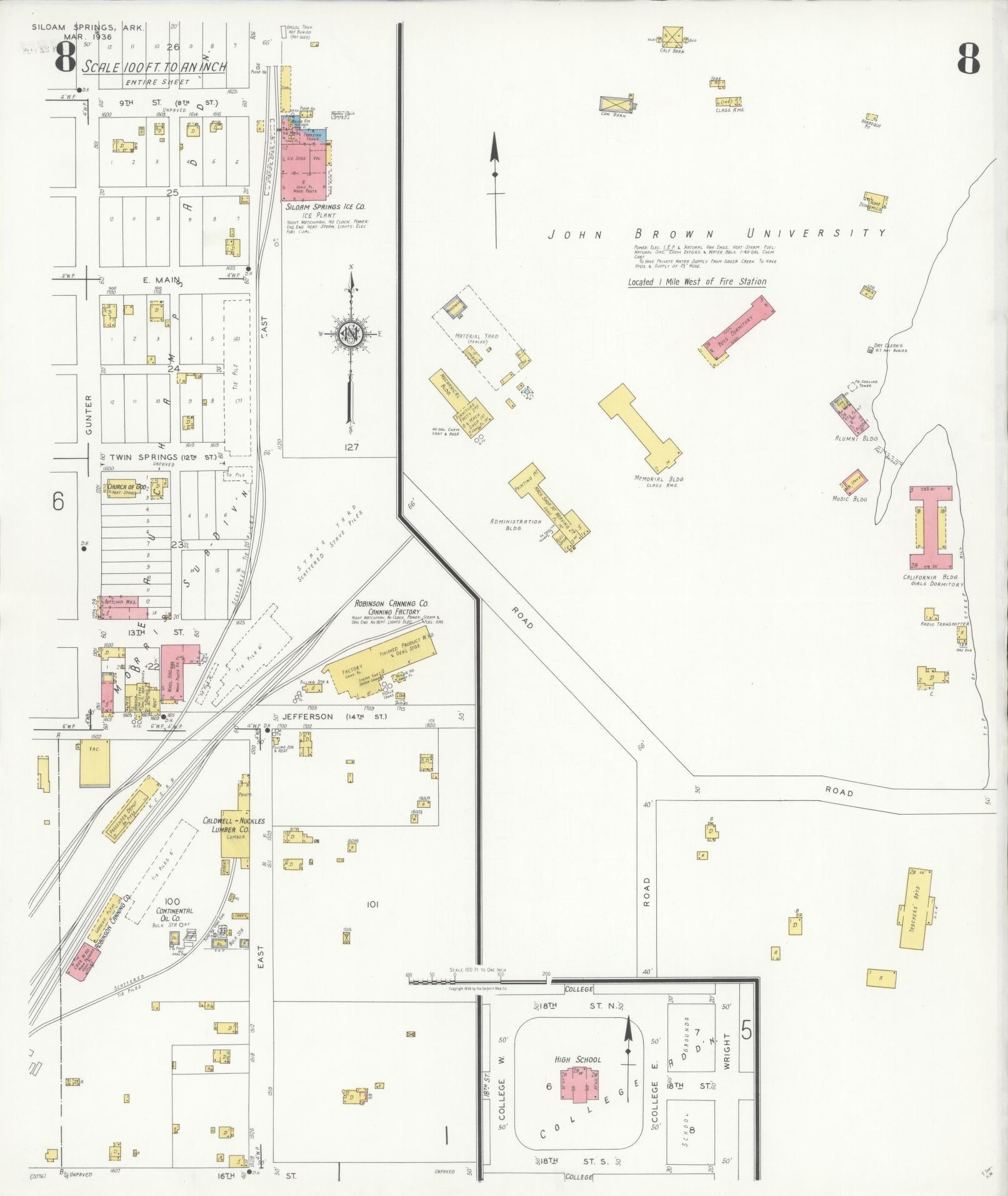 Sanborn Fire Insurance Map from Siloam Springs, Benton County, Arkansas (1936), Sheet #0008 - Historic Sanborn Fire Insurance Map Print, vintage old map wall art, antique decor, genealogy gift, Arkansas Arkansas map