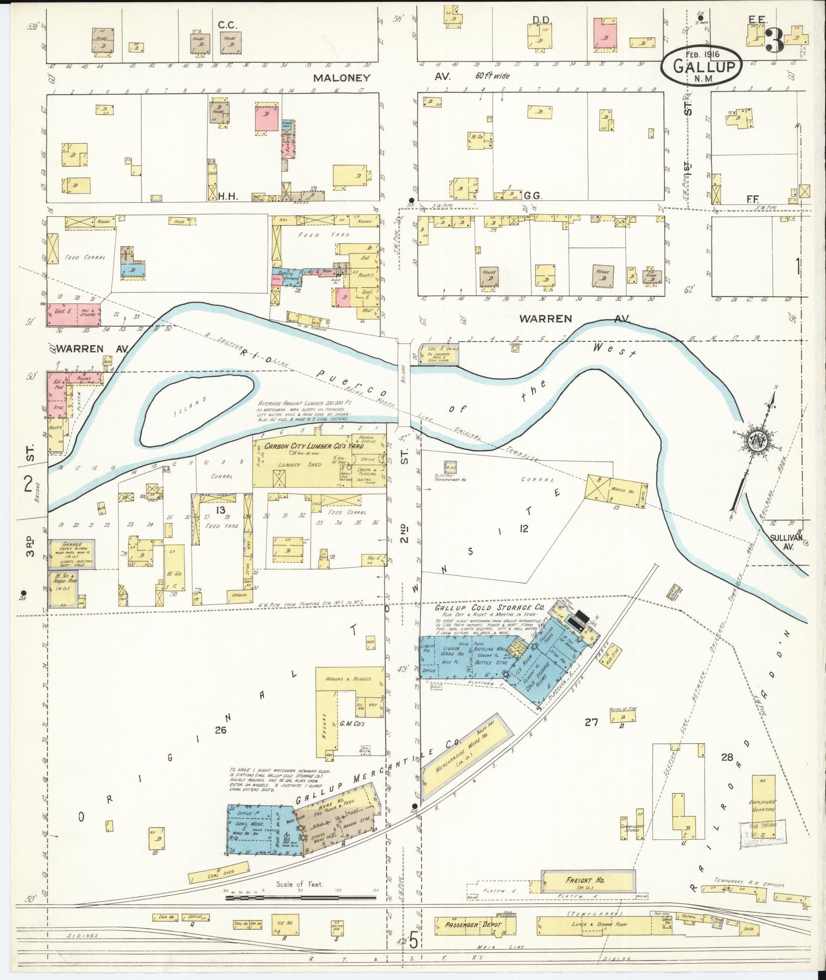 Sanborn Fire Insurance Map from Gallup, Mckinley County, New Mexico (1916), Sheet #0003 - Historic Sanborn Fire Insurance Map Print, vintage old map wall art, antique decor, genealogy gift, New Mexico New Mexico map