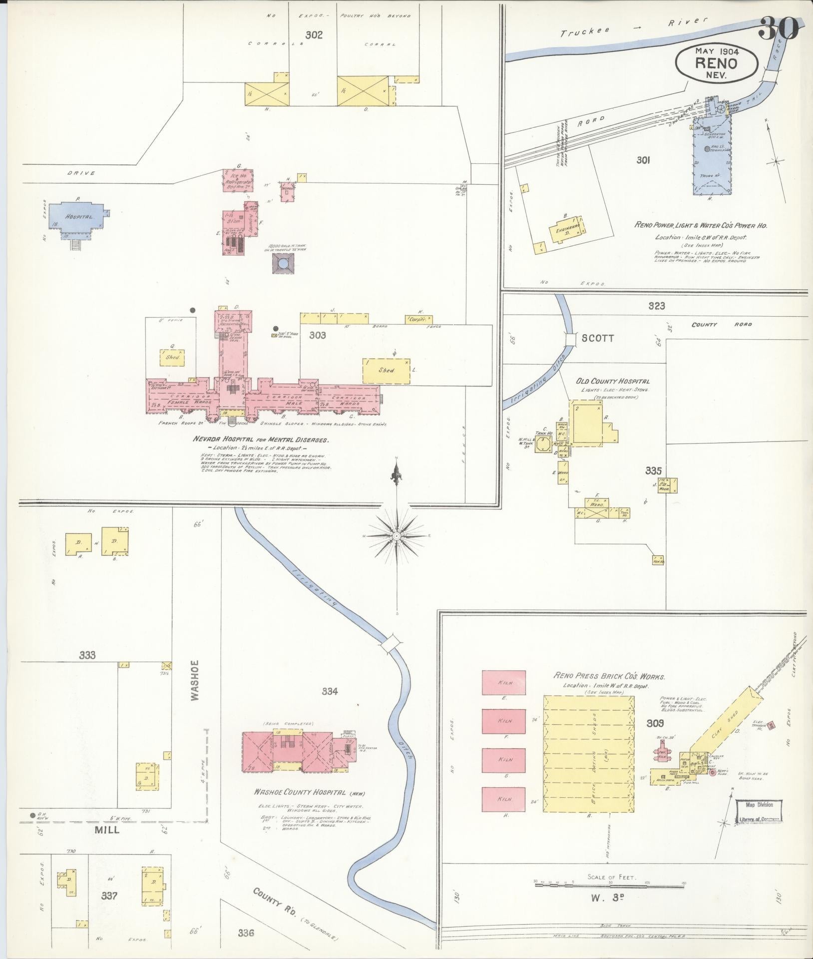 Sanborn Fire Insurance Map from Reno, Washoe County, Nevada (1904), Sheet #0030 - Historic Sanborn Fire Insurance Map Print, vintage old map wall art, antique decor, genealogy gift, Nevada Nevada map