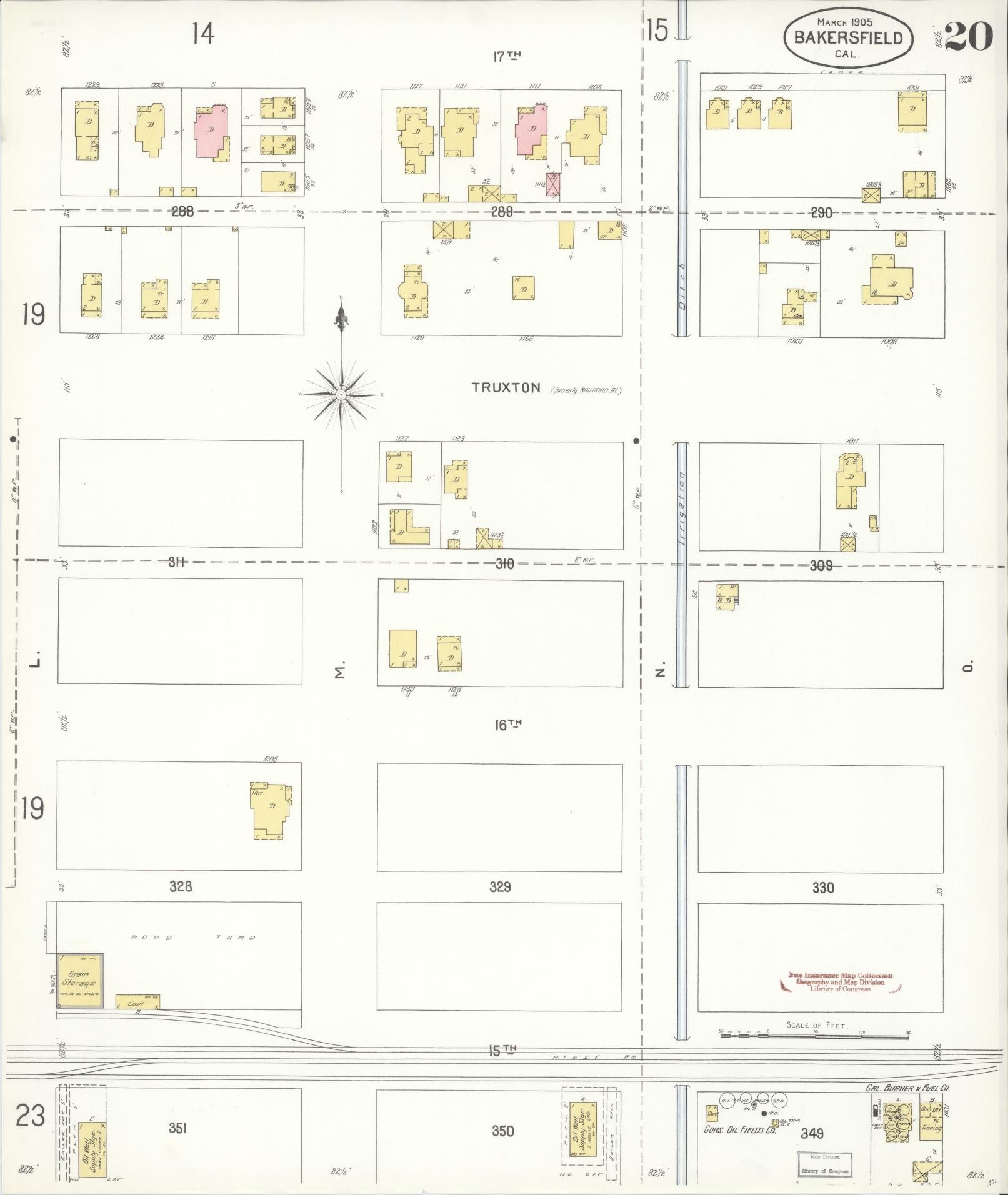 Sanborn Fire Insurance Map from Bakersfield, Kern County, California (1905), Sheet #0020 - Historic Sanborn Fire Insurance Map Print, vintage old map wall art, antique decor, genealogy gift, California California map