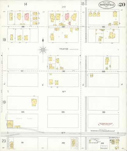 Sanborn Fire Insurance Map from Bakersfield, Kern County, California (1905), Sheet #0020 - Historic Sanborn Fire Insurance Map Print, vintage old map wall art, antique decor, genealogy gift, California California map