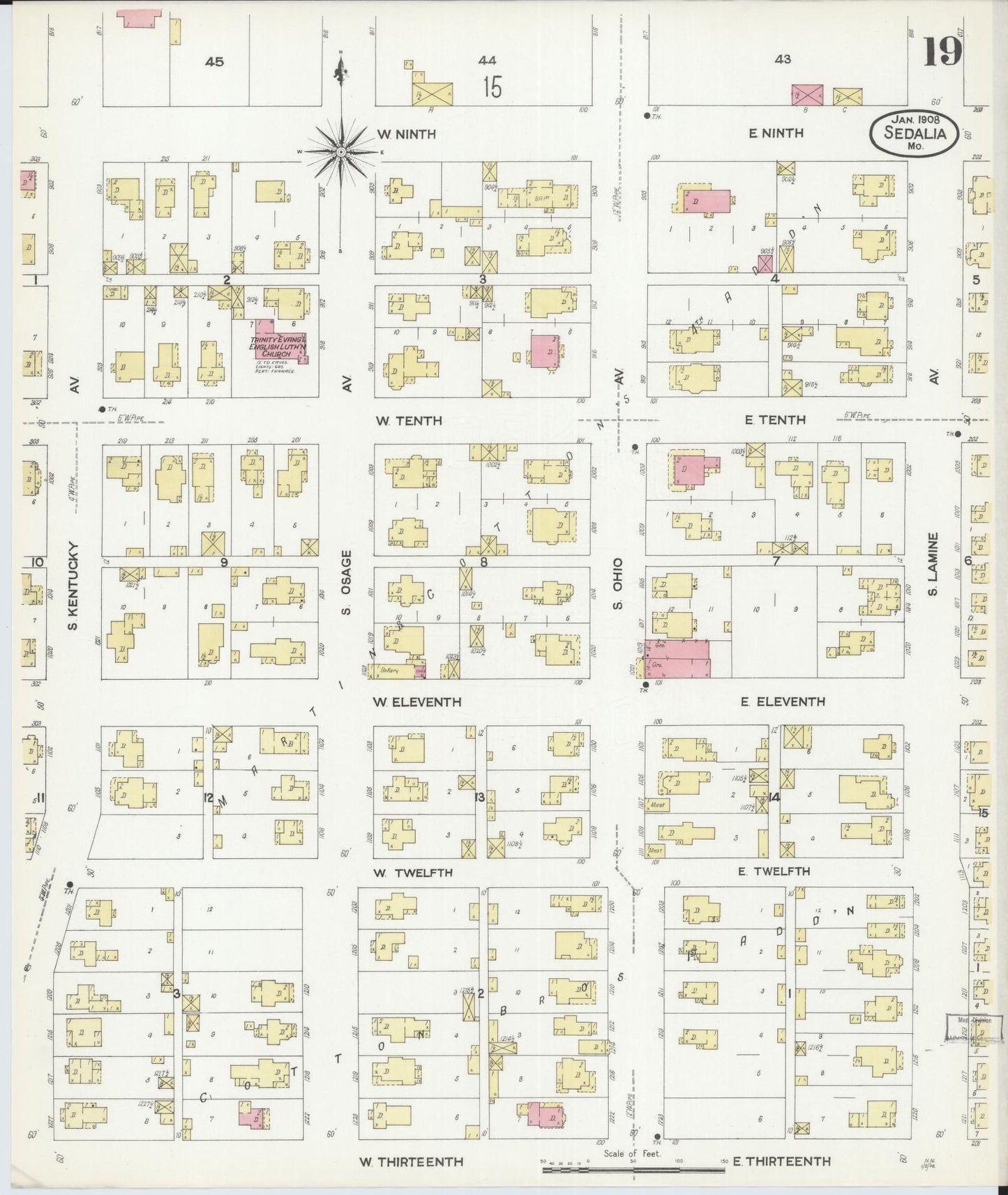 Sanborn Fire Insurance Map from Sedalia, Pettis County, Missouri (1908), Sheet #0019 - Complete Map Set gallery image, historic Sanborn map, vintage wall art, Missouri Missouri