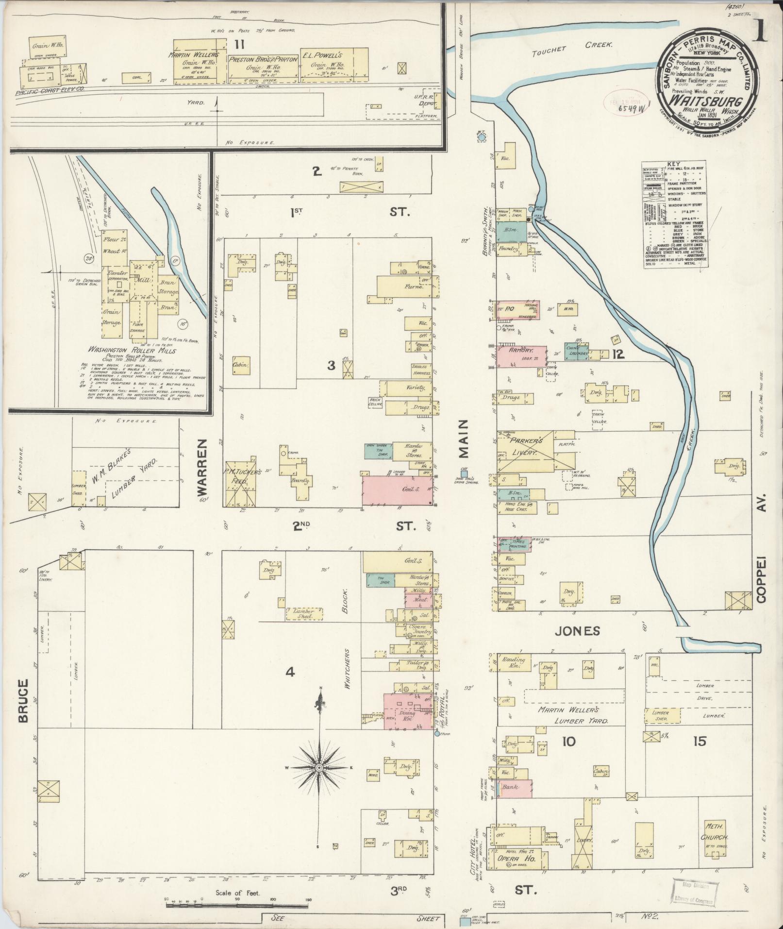 Sanborn Fire Insurance Map from Waitsburg, Walla Walla County, Washington (1891), Sheet #0001 - Complete Map Set gallery image, historic Sanborn map, vintage wall art, Washington Washington