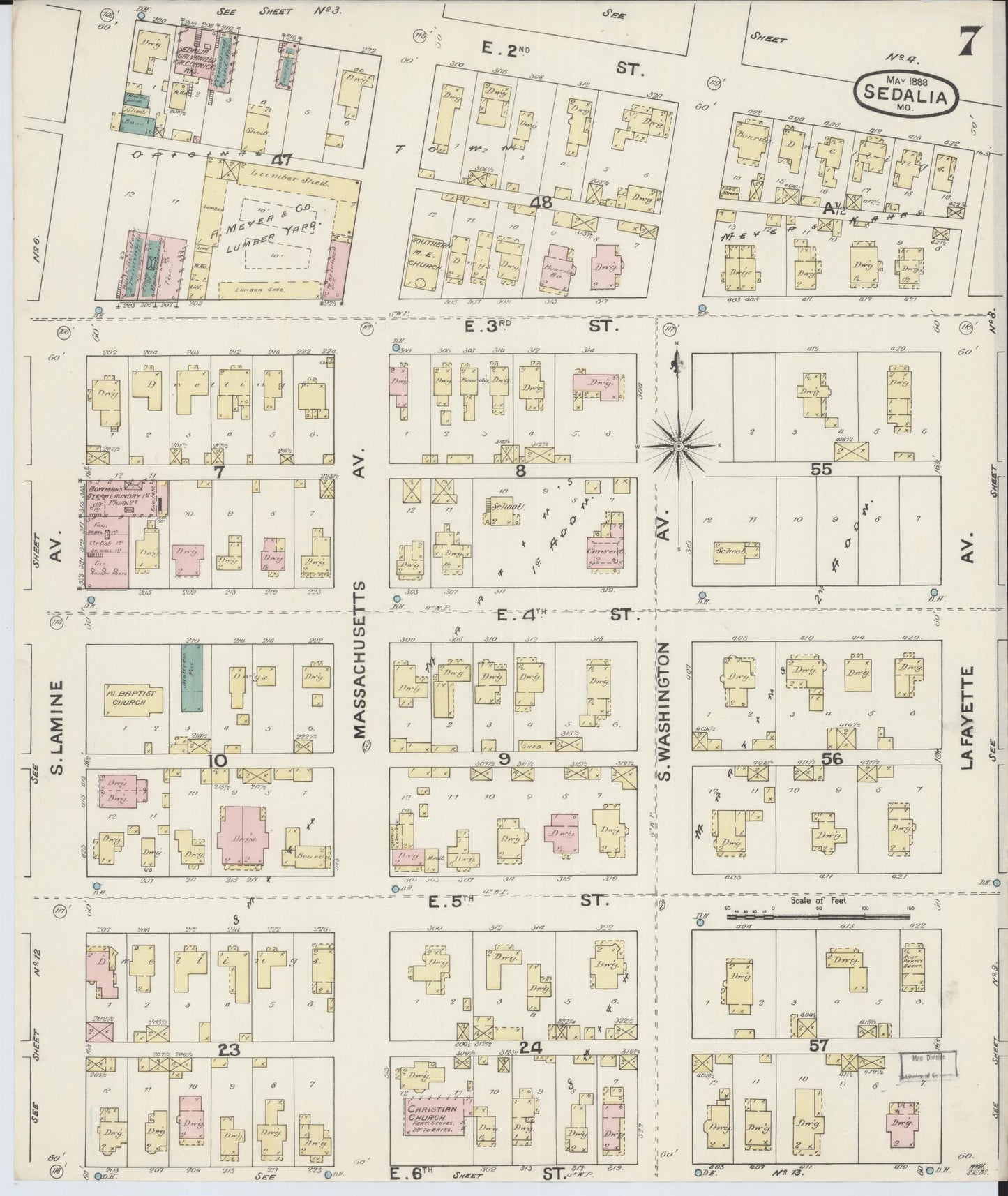 Sanborn Fire Insurance Map from Sedalia, Pettis County, Missouri (1888), Sheet #0007 - Historic Sanborn Fire Insurance Map Print, vintage old map wall art, antique decor, genealogy gift, Missouri Missouri map