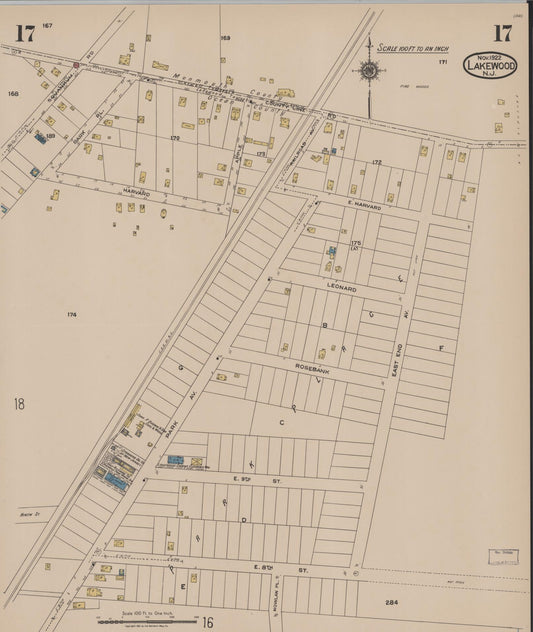 Sanborn Fire Insurance Map from Lakewood, Ocean County, New Jersey (1922), Sheet #0017 - Historic Sanborn Fire Insurance Map Print, vintage old map wall art, antique decor, genealogy gift, New Jersey New Jersey map