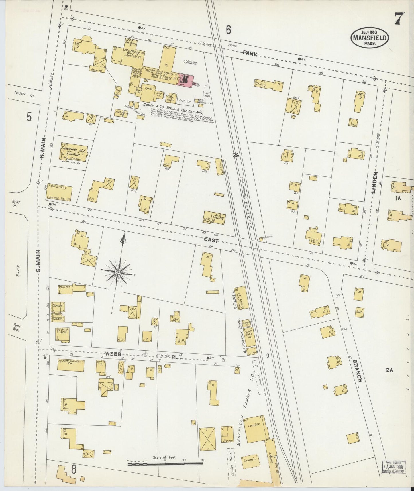 Sanborn Fire Insurance Map from Mansfield, Bristol County, Massachusetts (1903), Sheet #0007 - Historic Sanborn Fire Insurance Map Print, vintage old map wall art, antique decor, genealogy gift, Massachusetts Massachusetts map