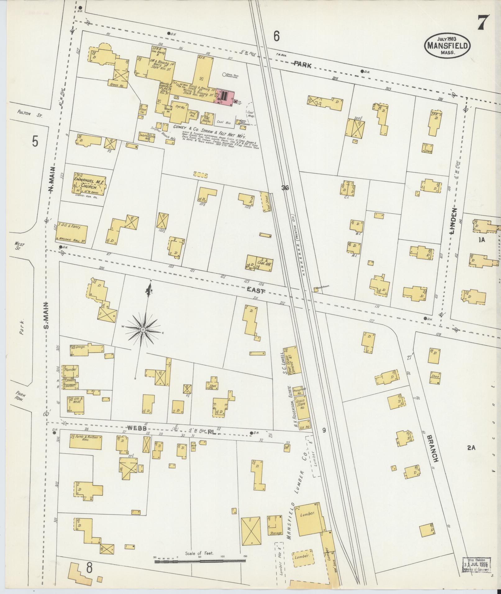 Sanborn Fire Insurance Map from Mansfield, Bristol County, Massachusetts (1903), Sheet #0007 - Historic Sanborn Fire Insurance Map Print, vintage old map wall art, antique decor, genealogy gift, Massachusetts Massachusetts map