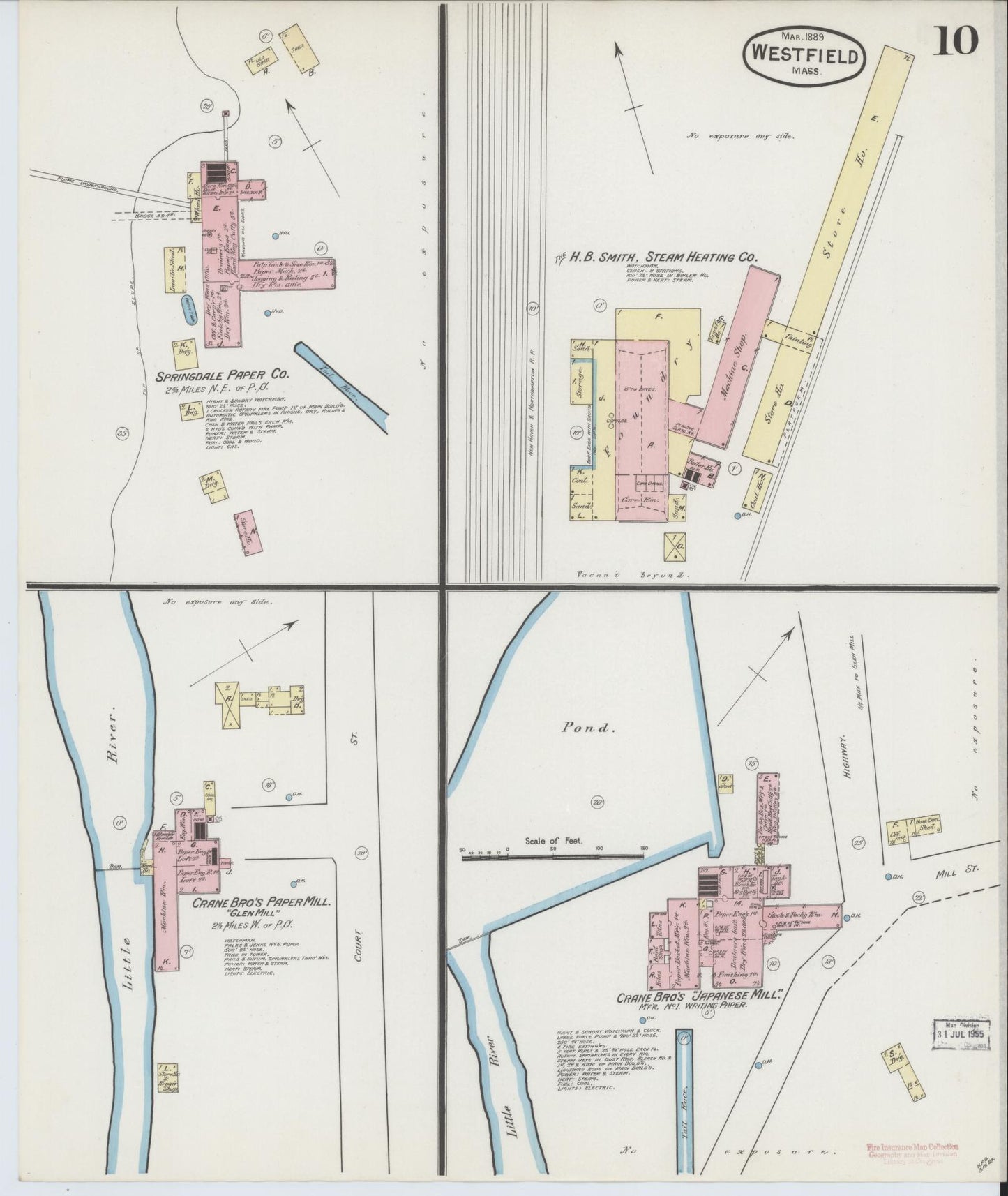 Sanborn Fire Insurance Map from Westfield, Hampden County, Massachusetts (1889), Sheet #0010 - Historic Sanborn Fire Insurance Map Print, vintage old map wall art, antique decor, genealogy gift, Massachusetts Massachusetts map