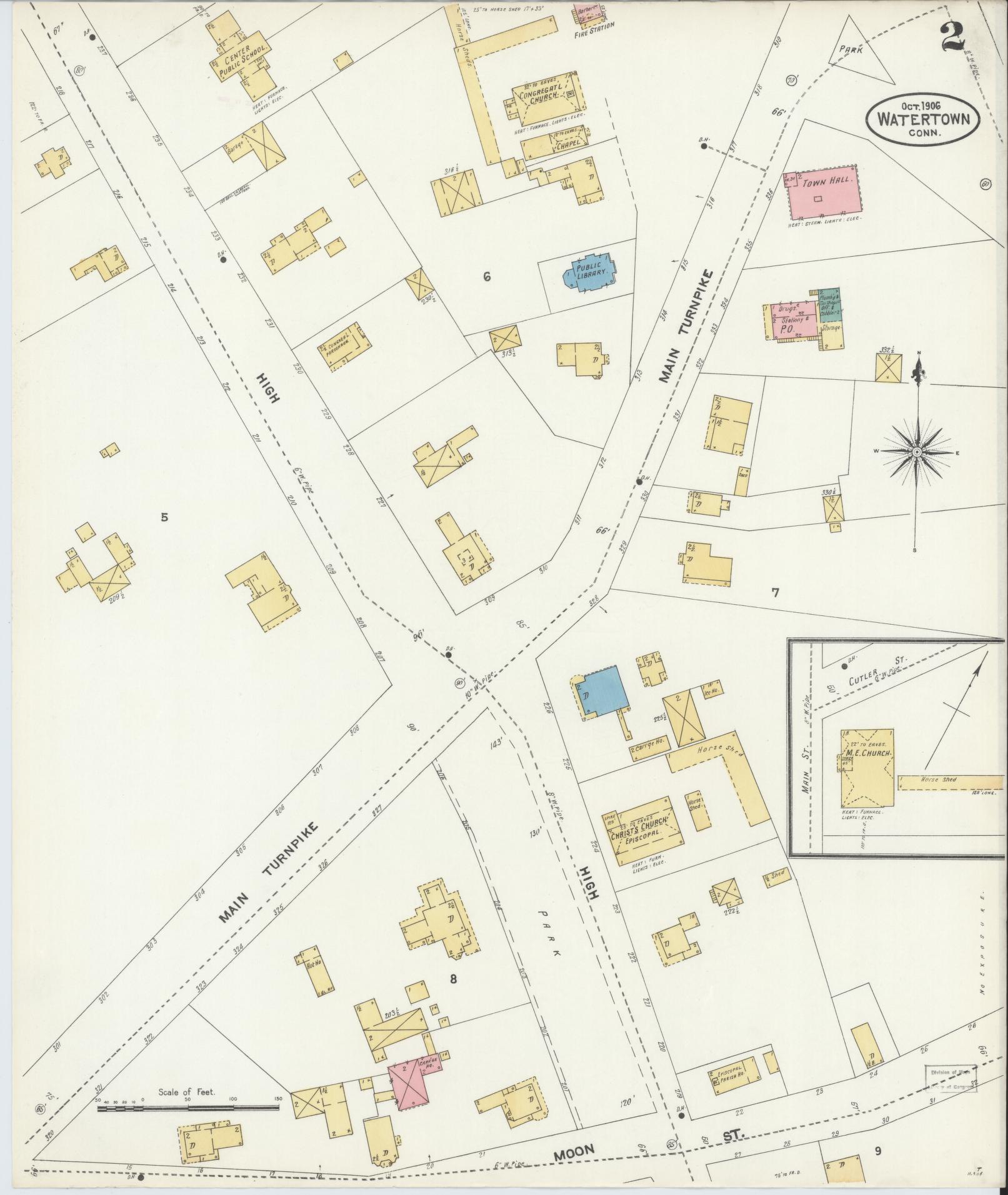 Sanborn Fire Insurance Map from Watertown, Litchfield County, Connecticut (1906), Sheet #0002 - Complete Map Set gallery image, historic Sanborn map, vintage wall art, Connecticut Connecticut