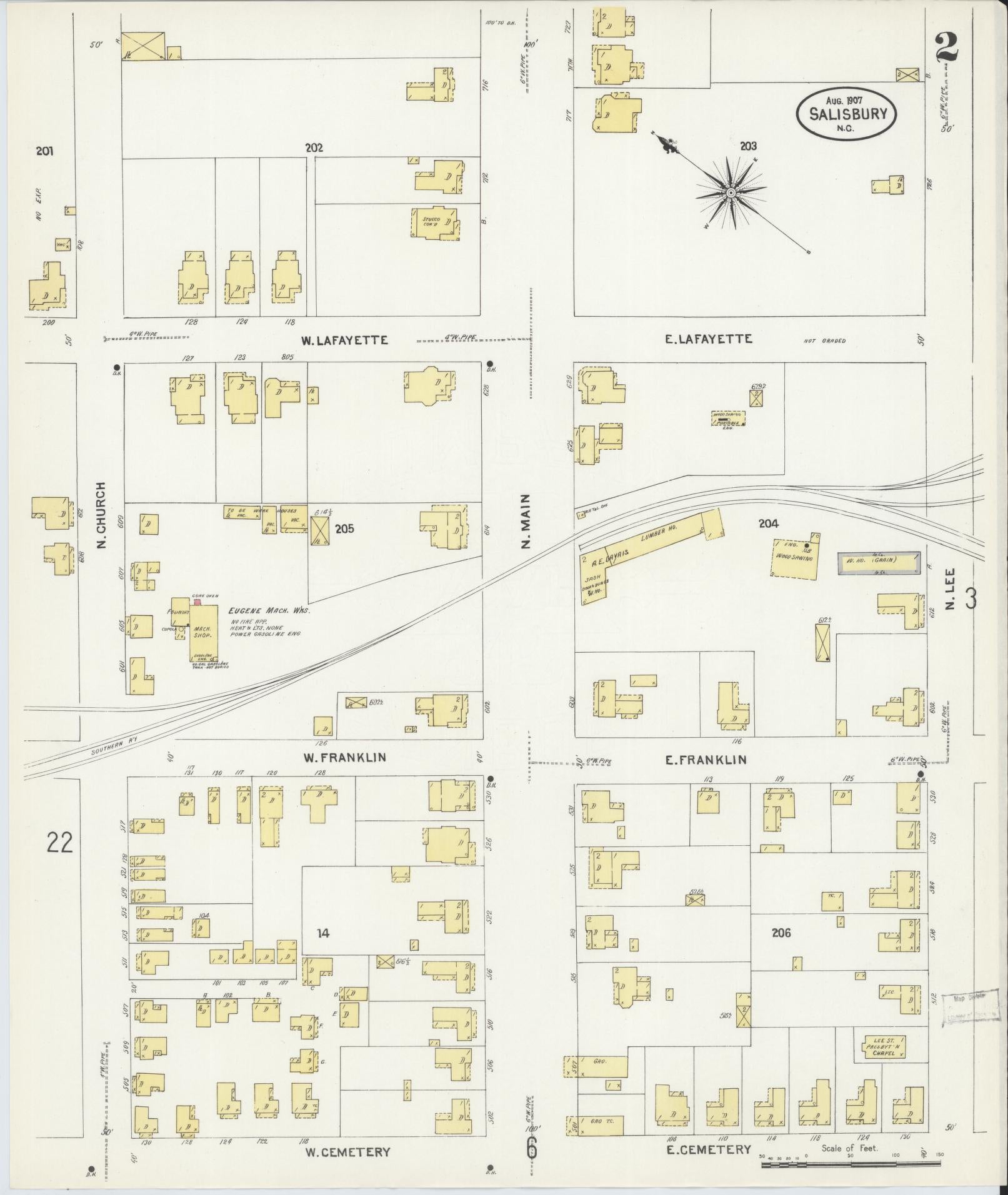 Sanborn Fire Insurance Map from Salisbury, Rowan County, North Carolina (1907), Sheet #0002 - Historic Sanborn Fire Insurance Map Print, vintage old map wall art, antique decor, genealogy gift, North Carolina North Carolina map