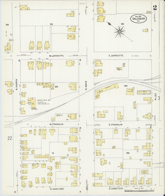 Sanborn Fire Insurance Map from Salisbury, Rowan County, North Carolina (1907), Sheet #0002 - Historic Sanborn Fire Insurance Map Print, vintage old map wall art, antique decor, genealogy gift, North Carolina North Carolina map