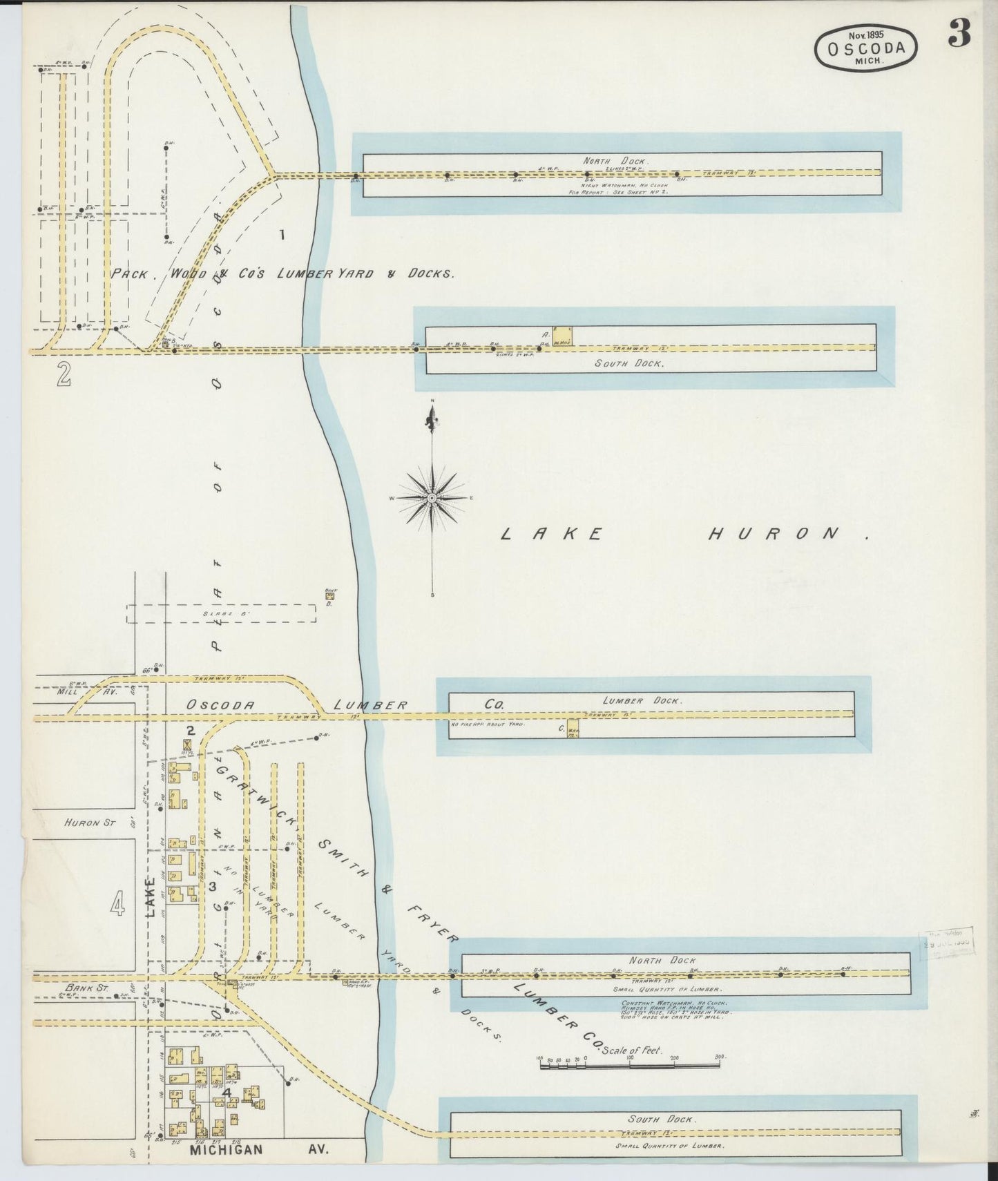 Sanborn Fire Insurance Map from Oscoda, Iosco County, Michigan (1895), Sheet #0003 - Complete Map Set gallery image, historic Sanborn map, vintage wall art, Michigan Michigan