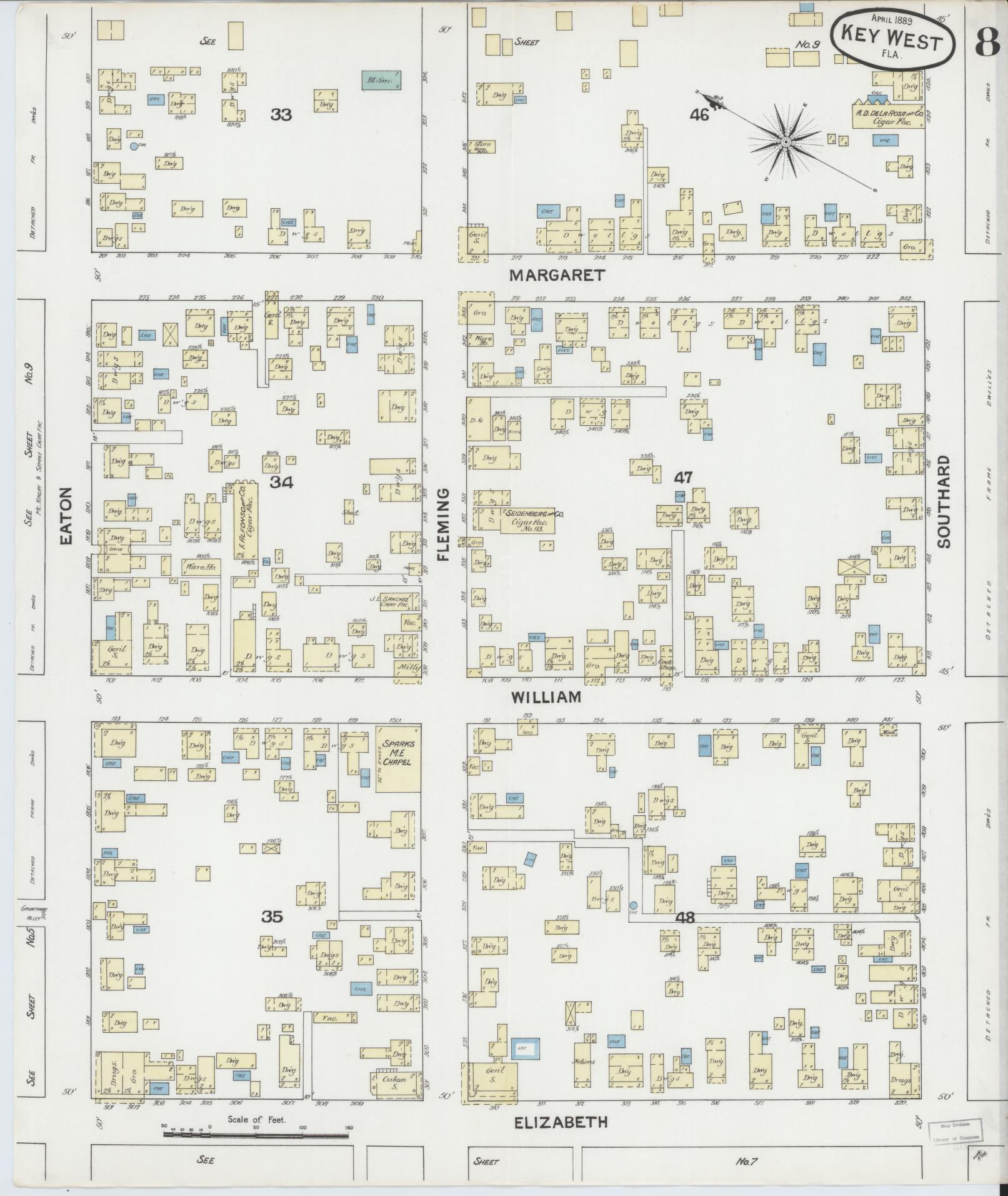 Sanborn Fire Insurance Map from Key West, Monroe County, Florida (1889), Sheet #0008 - Historic Sanborn Fire Insurance Map Print, vintage old map wall art, antique decor, genealogy gift, Florida Florida map