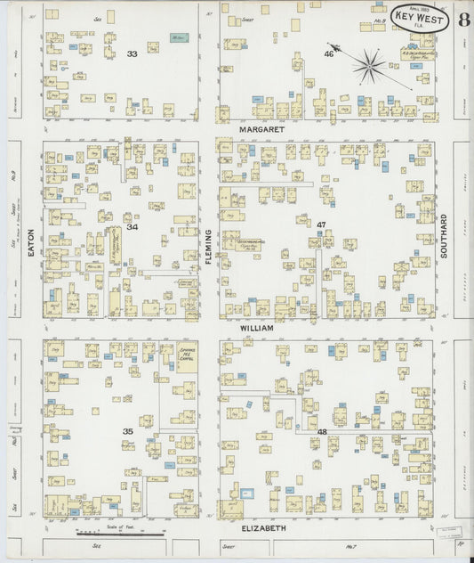 Sanborn Fire Insurance Map from Key West, Monroe County, Florida (1889), Sheet #0008 - Historic Sanborn Fire Insurance Map Print, vintage old map wall art, antique decor, genealogy gift, Florida Florida map
